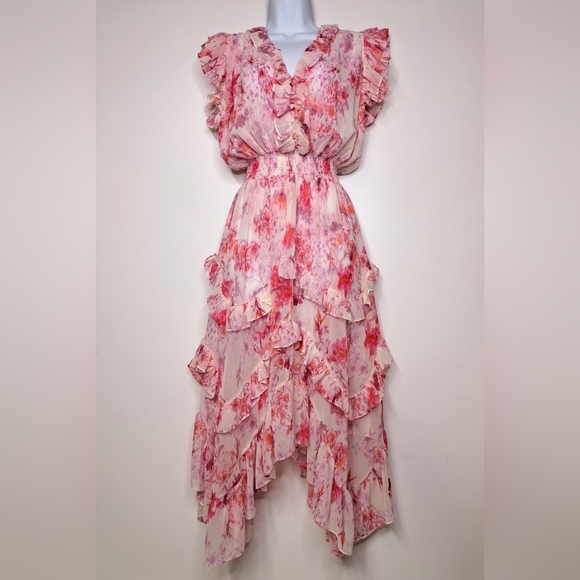 Misa Los Angeles Dakota Watercolor Floral Ruffle Midi Dress Size XS